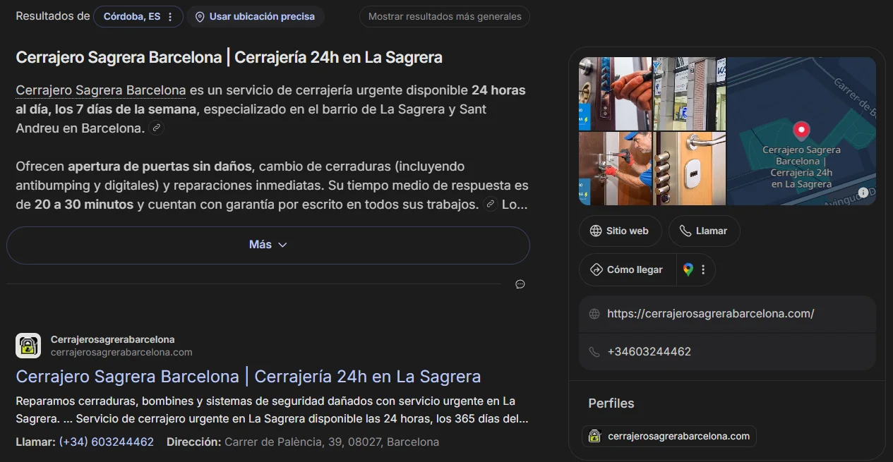 Búsqueda «cerrajero sagrera» en Brave Search (09/10/2026): la web es el resultado principal, con su ficha de contacto, aunque el buscador estaba situado en Córdoba.