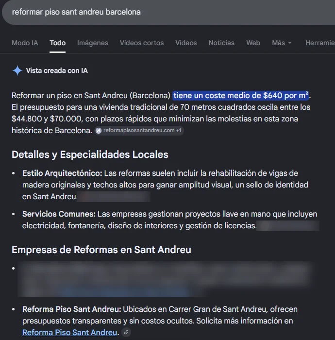 Búsqueda «reformar piso sant andreu barcelona» en Google: la vista creada con IA cita la web como fuente y la recomienda entre las empresas del barrio. Datos de otros negocios difuminados.